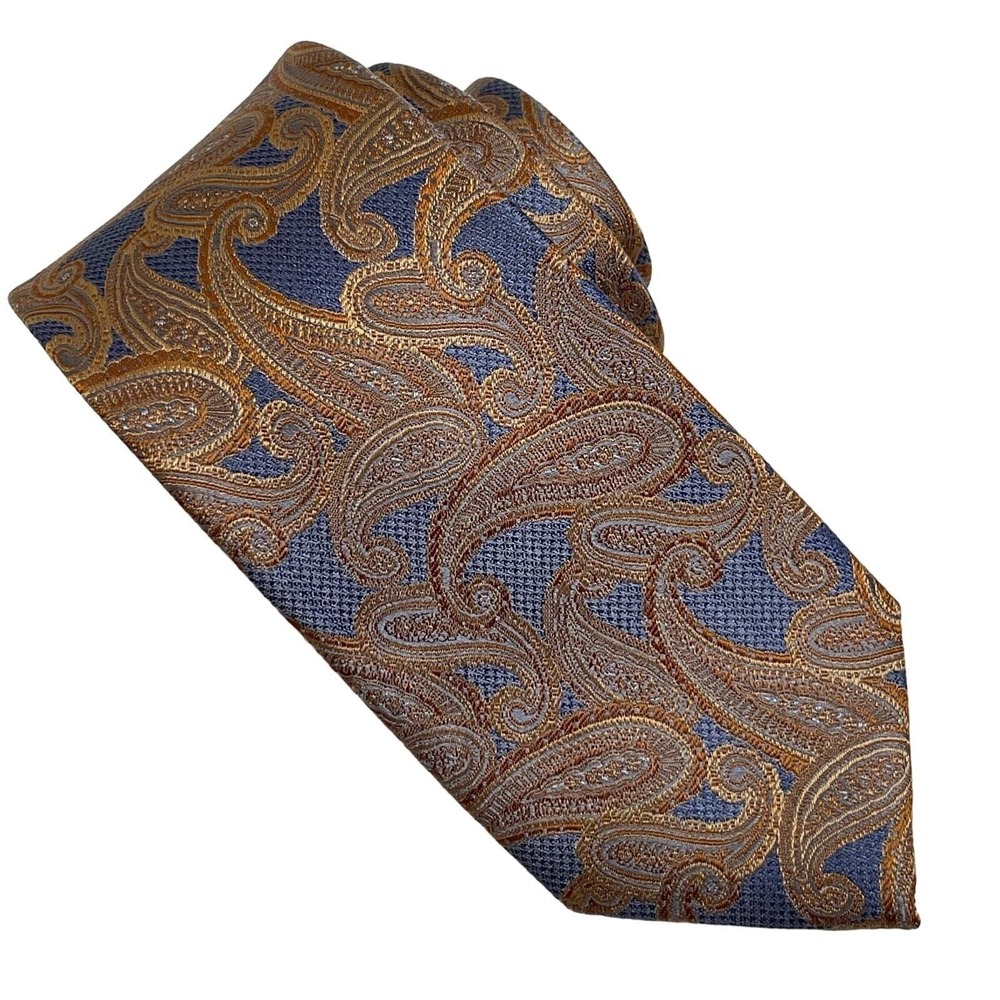 NWT Pronto Uomo Platinum Necktie Silk‎ Orange Gray Paisley Long Tie